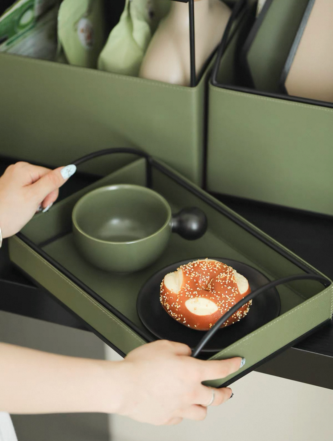 Dark Green Leather Storage Set