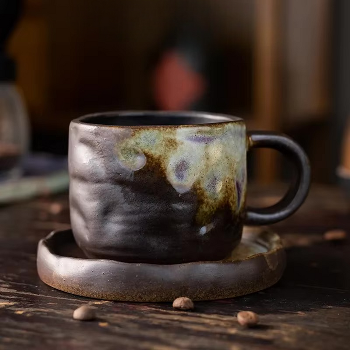 Coarse Pottery Mug & Saucer Set