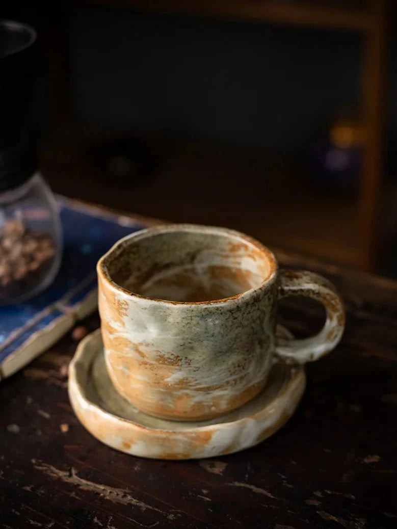 Coarse Pottery Mug & Saucer Set