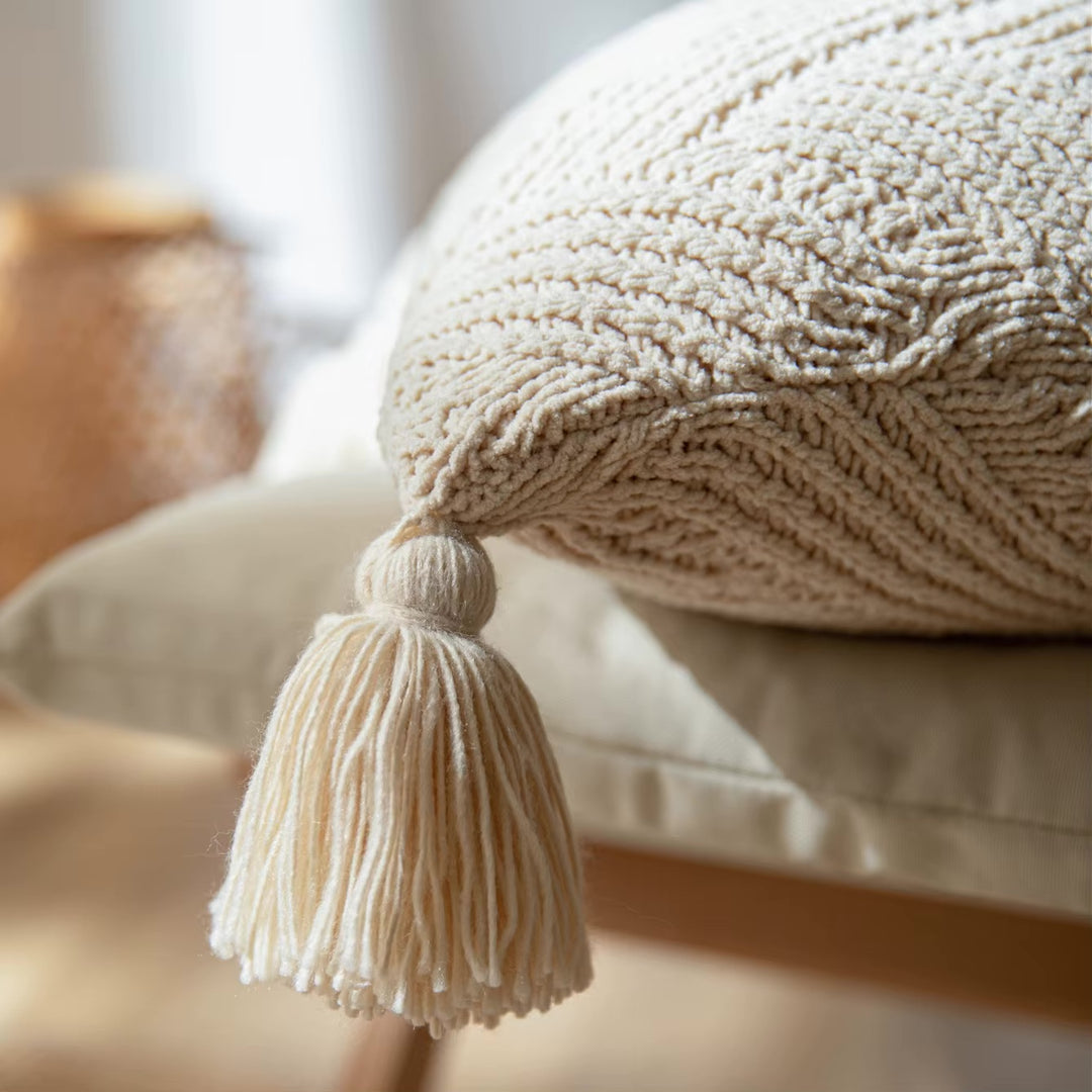 Knitted Chenille Stripe Blanket + Pillows with Tassels