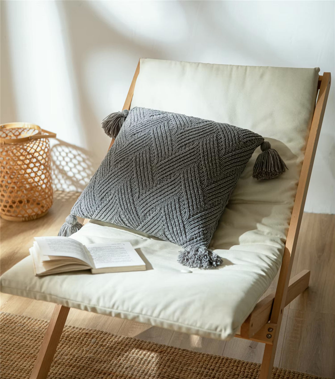 Knitted Chenille Stripe Blanket + Pillows with Tassels