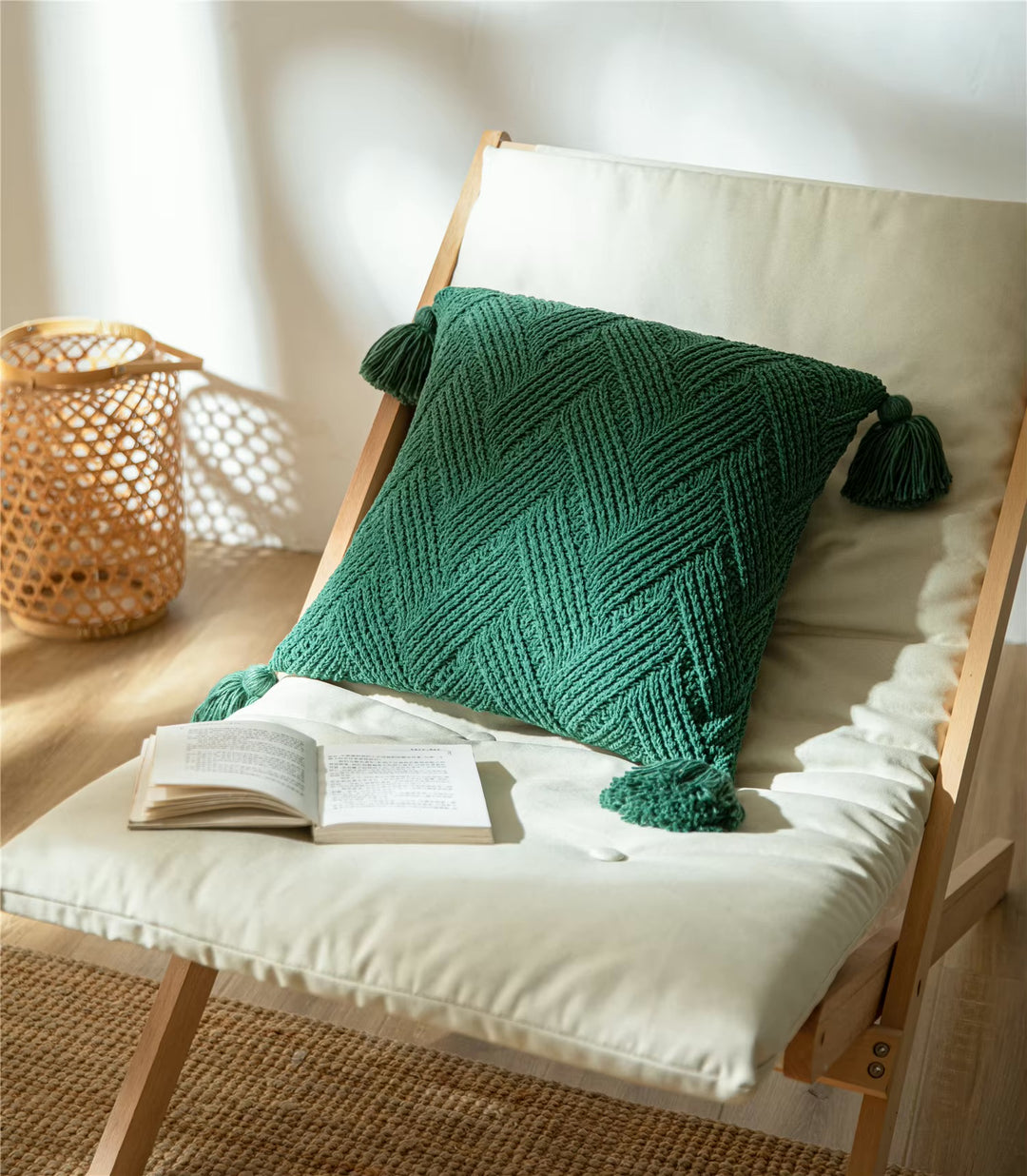 Knitted Chenille Stripe Blanket + Pillows with Tassels