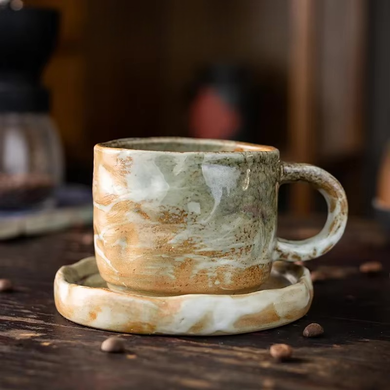 Coarse Pottery Mug & Saucer Set