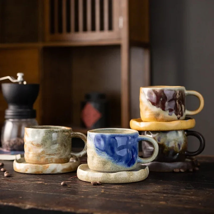 Coarse Pottery Mug & Saucer Set