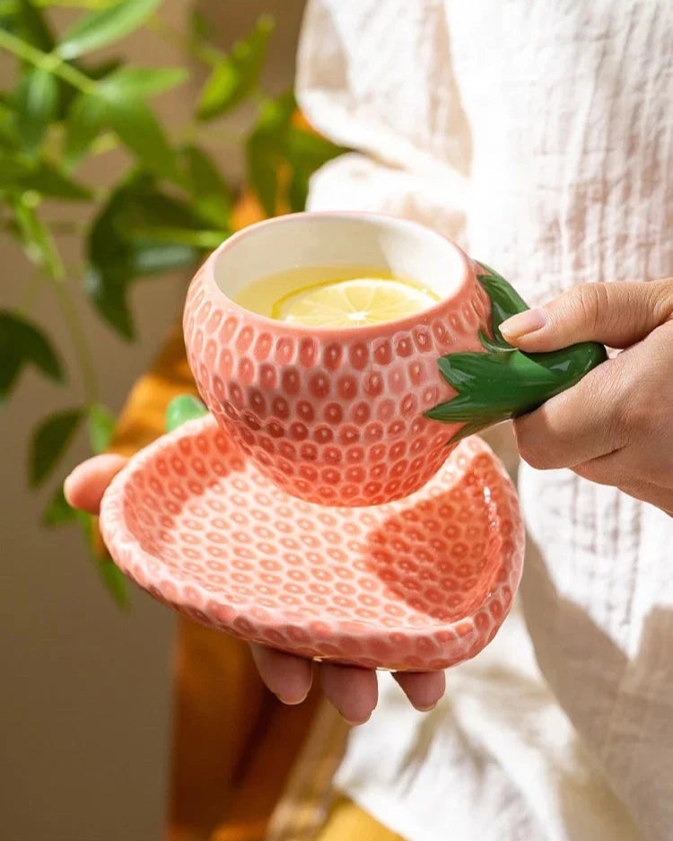 Detailed Strawberry Mug & Saucer Set