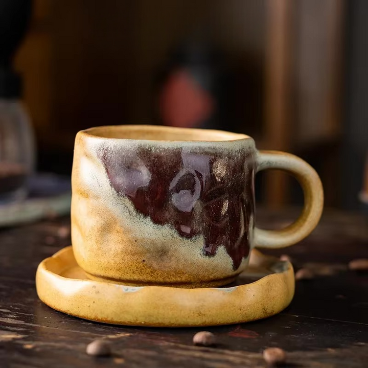 Coarse Pottery Mug & Saucer Set