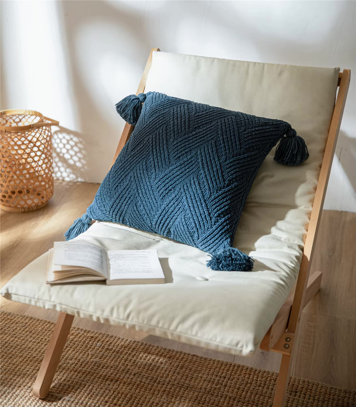 Knitted Chenille Stripe Blanket + Pillows with Tassels