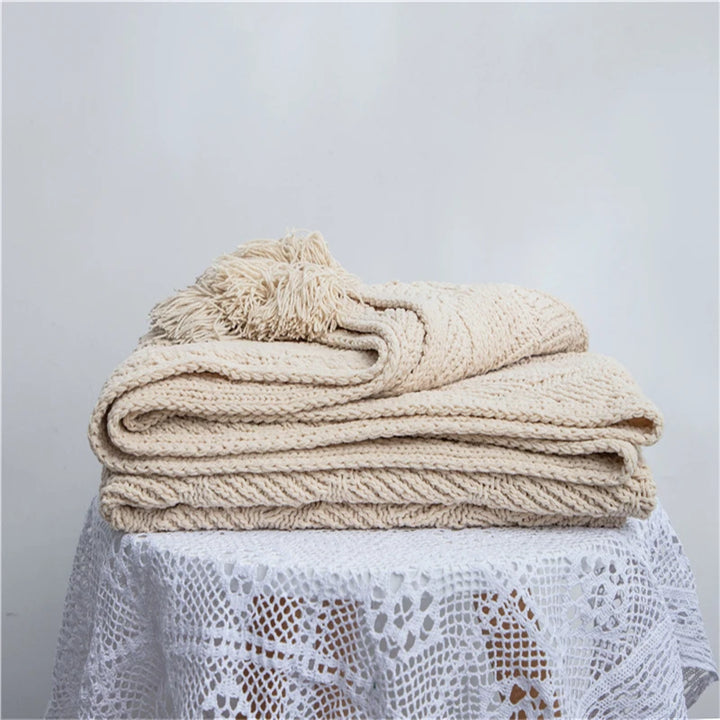 Knitted Chenille Stripe Blanket + Pillows with Tassels