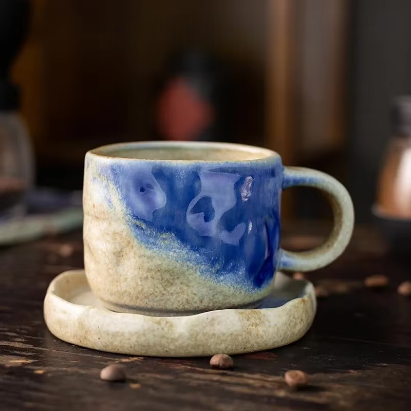 Coarse Pottery Mug & Saucer Set