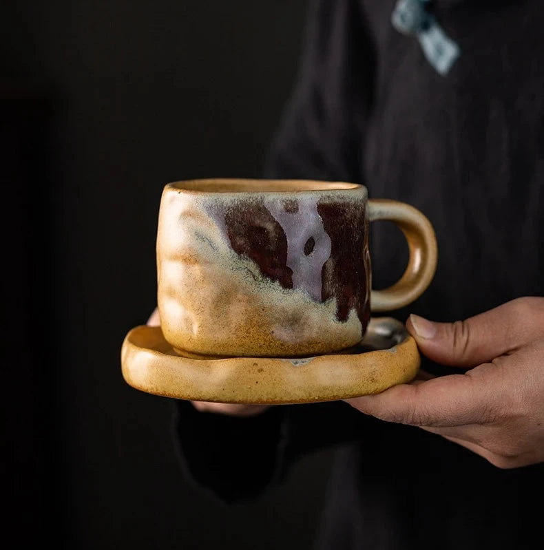 Coarse Pottery Mug & Saucer Set