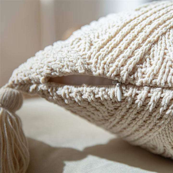 Knitted Chenille Stripe Blanket + Pillows with Tassels