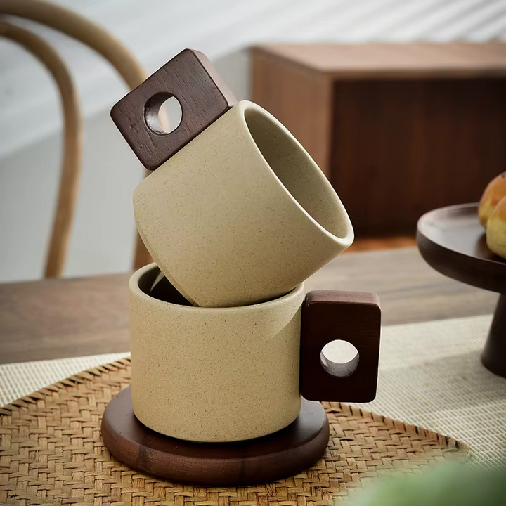 Retro Earthenware Mug with Coaster