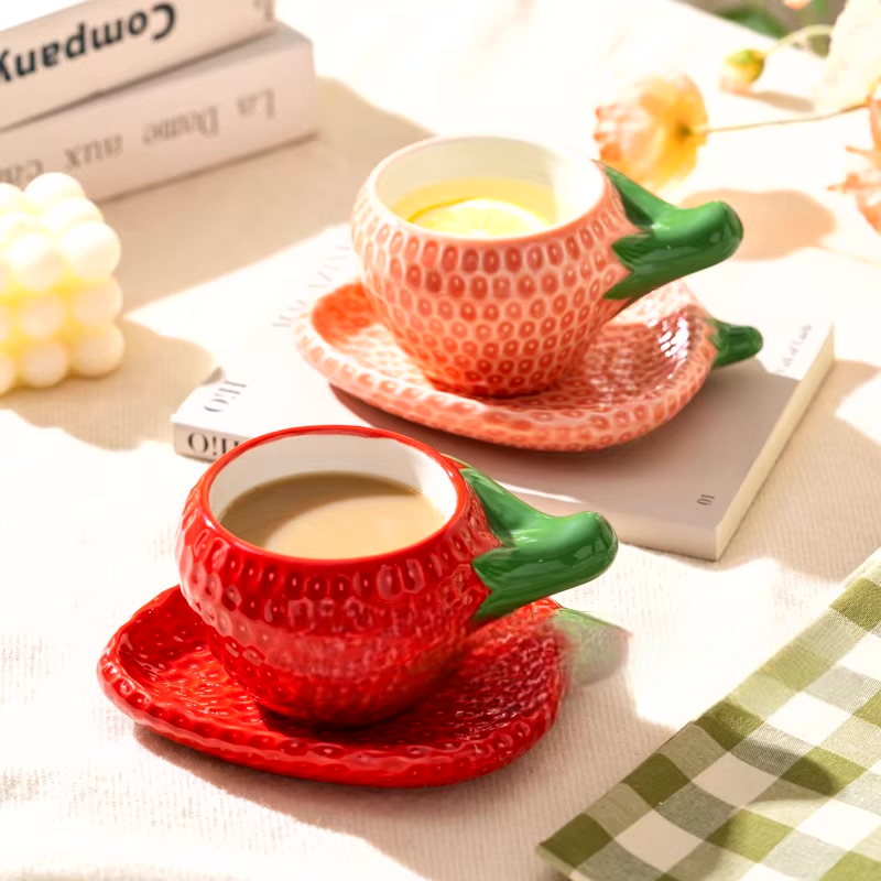 Detailed Strawberry Mug & Saucer Set