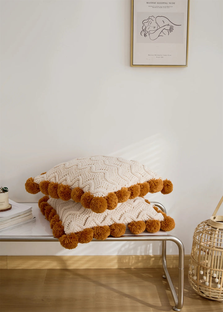 Chenille Stripe Pillow Cover with Pom Poms