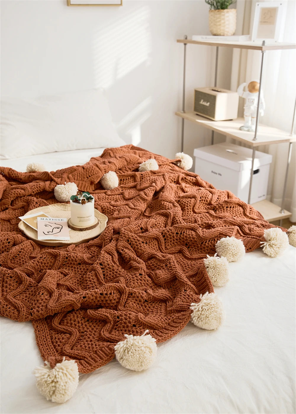 Chenille Stripe Blanket Throw with Pom Poms