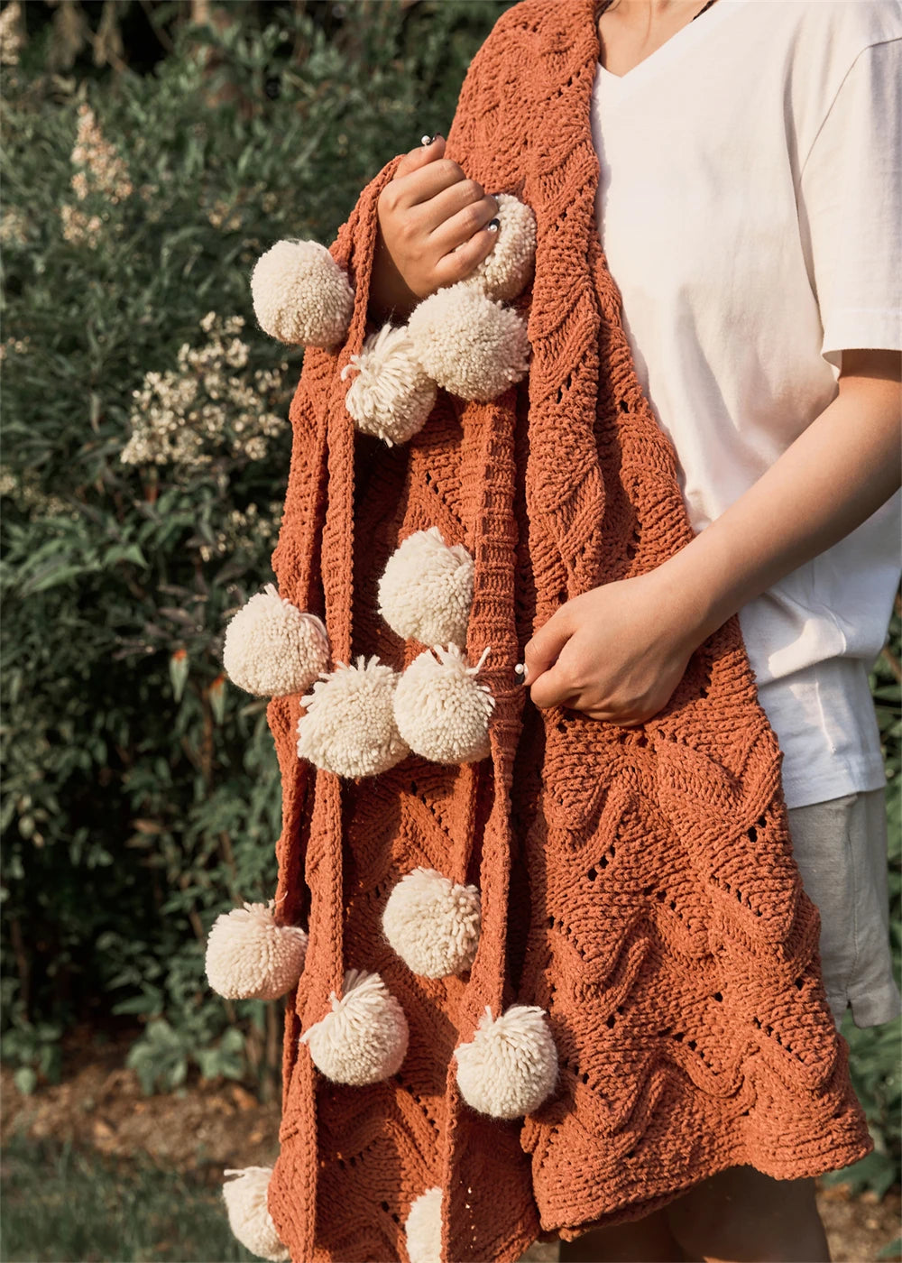 Chenille Stripe Blanket Throw with Pom Poms