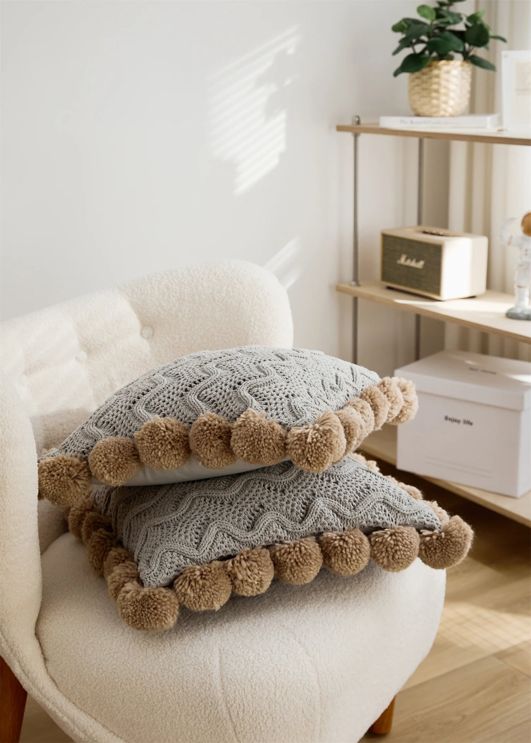 Chenille Stripe Pillow Cover with Pom Poms