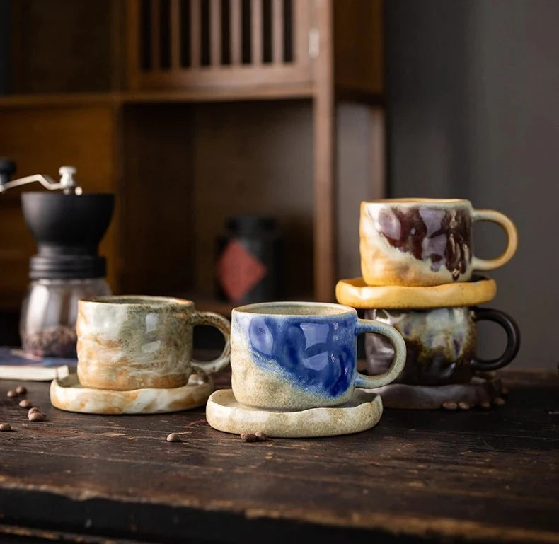 Coarse Pottery Mug & Saucer Set