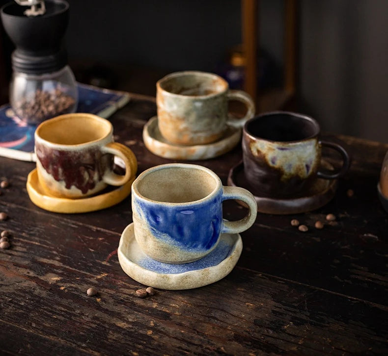 Coarse Pottery Mug & Saucer Set