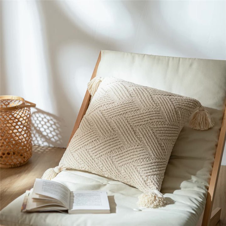 Knitted Chenille Stripe Blanket + Pillows with Tassels