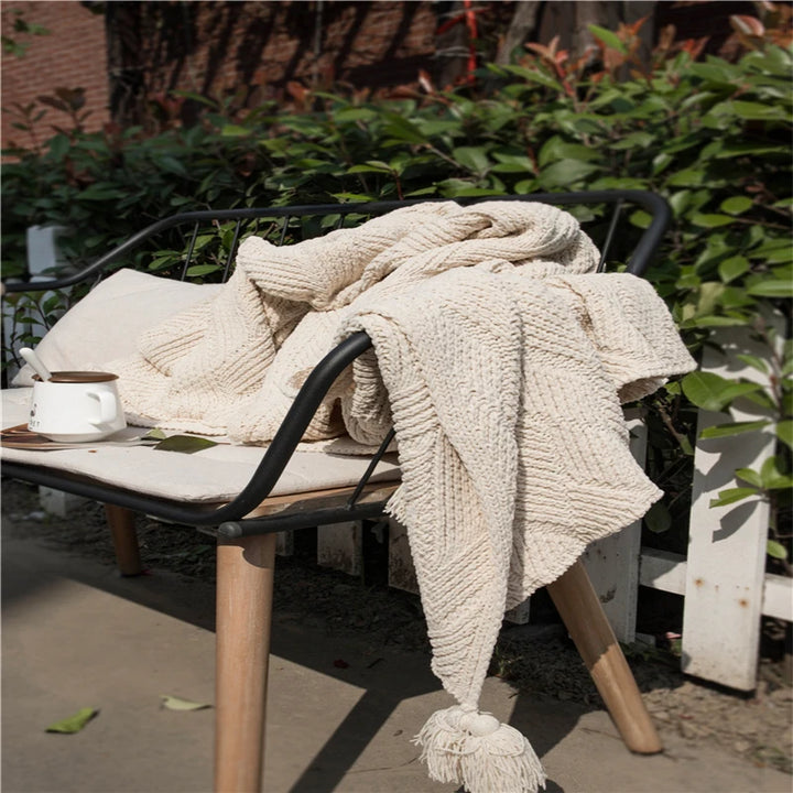 Knitted Chenille Stripe Blanket + Pillows with Tassels