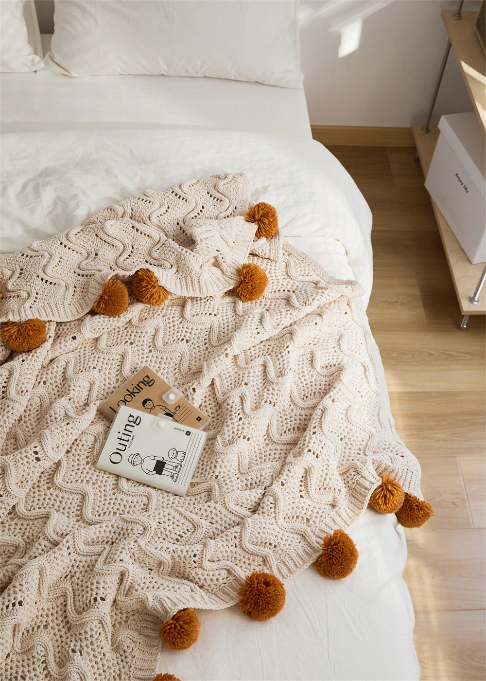 Chenille Stripe Blanket Throw with Pom Poms