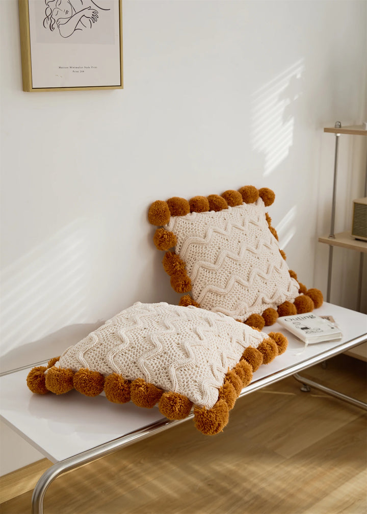 Chenille Stripe Pillow Cover with Pom Poms