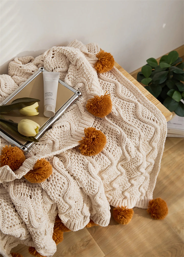 Chenille Stripe Blanket Throw with Pom Poms