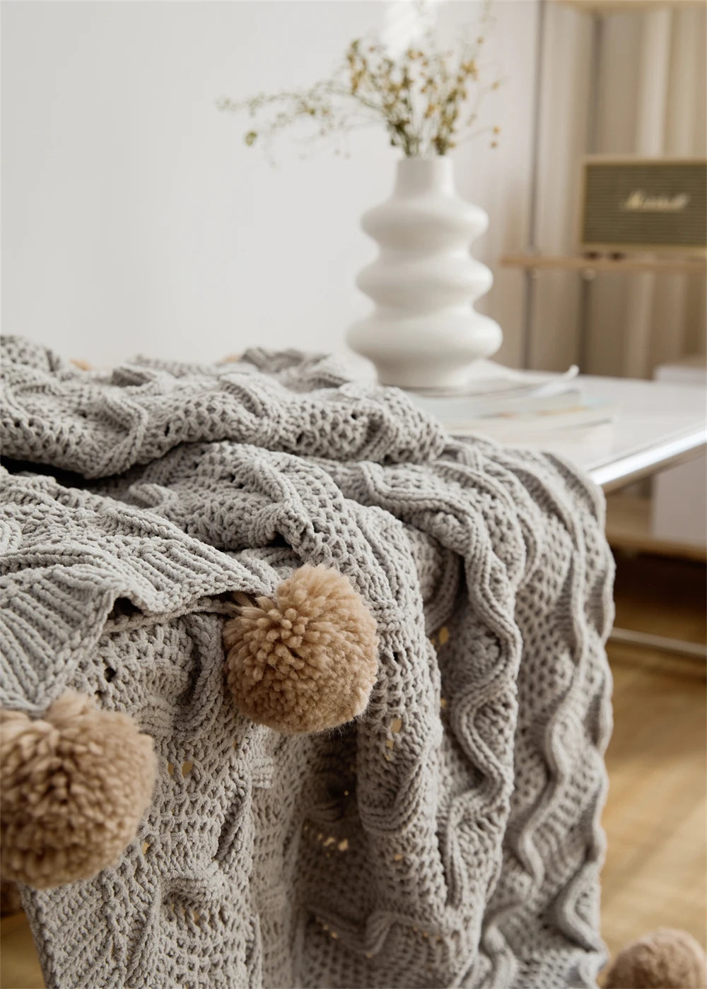 Chenille Stripe Blanket Throw with Pom Poms