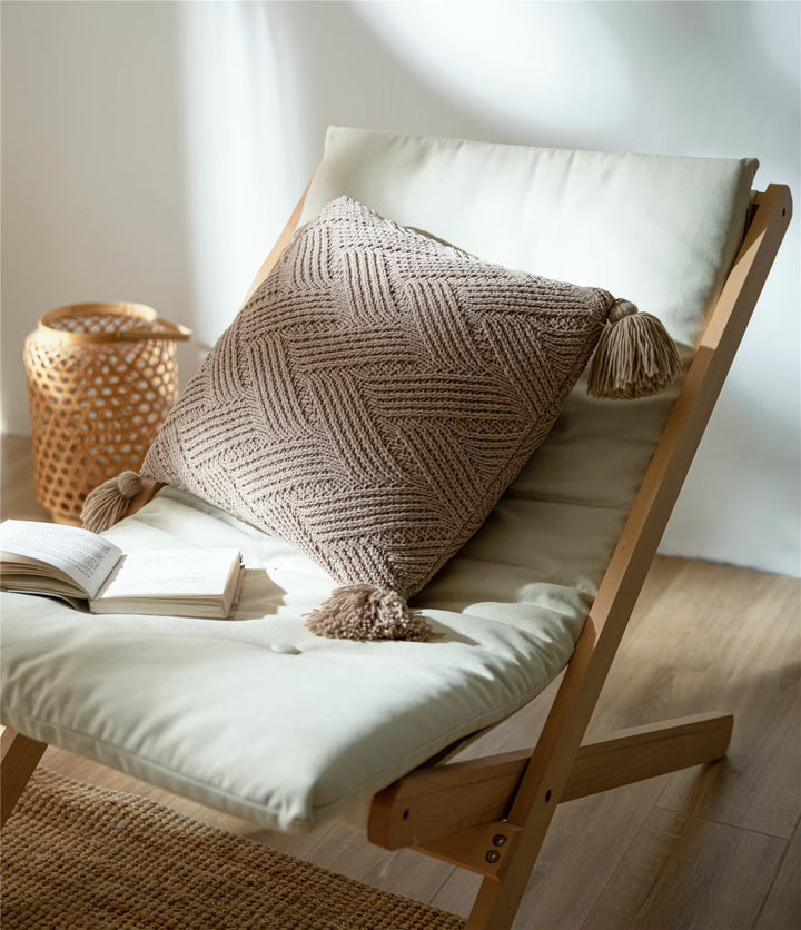 Knitted Chenille Stripe Blanket + Pillows with Tassels