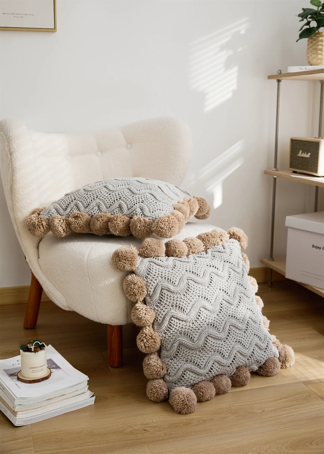 Chenille Stripe Pillow Cover with Pom Poms