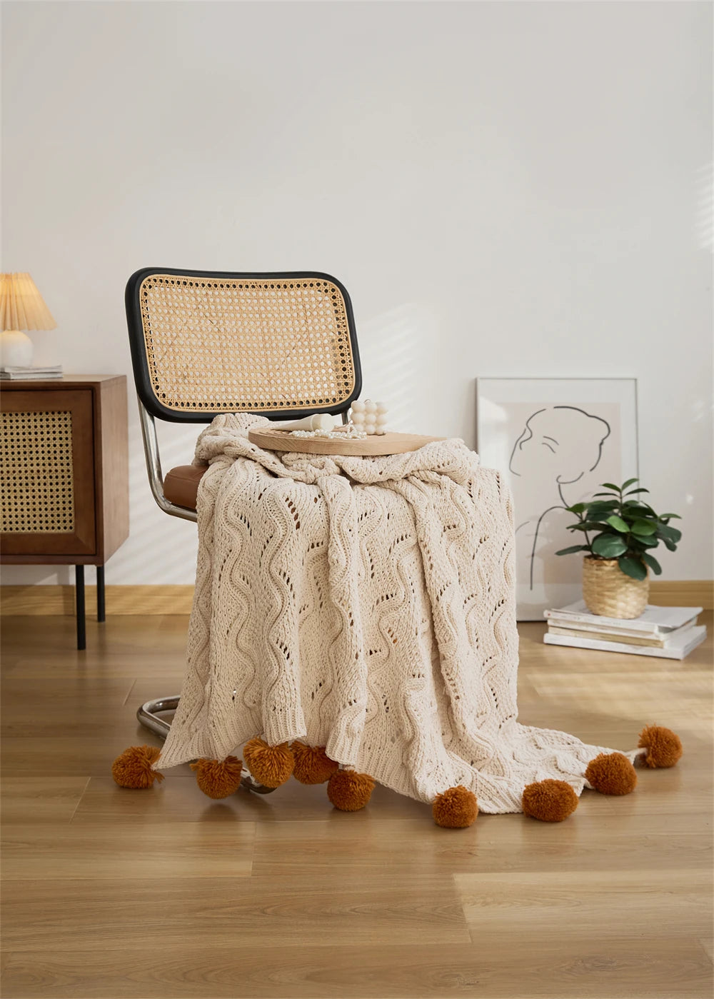 Chenille Stripe Blanket Throw with Pom Poms