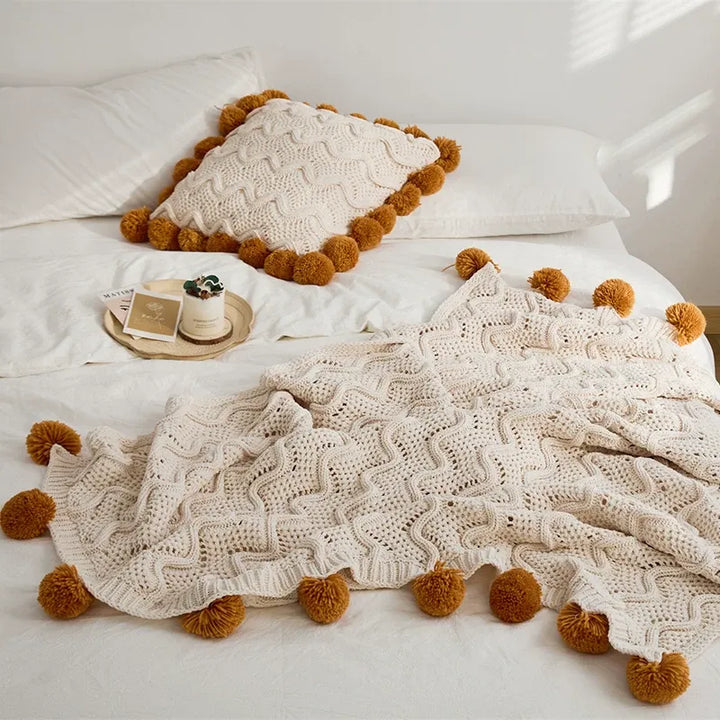 Chenille Stripe Pom Pom Blanket