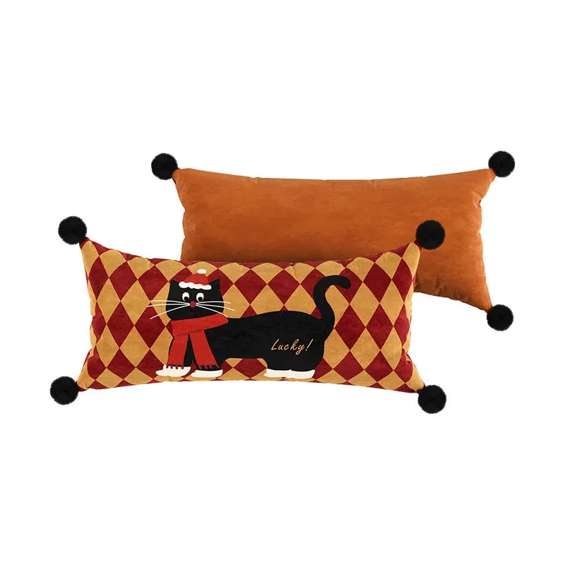 Red & Yellow Cat Pattern Lumbar Pillows