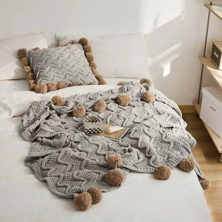 Chenille Stripe Pom Pom Blanket