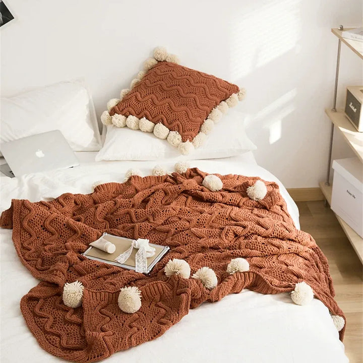 Chenille Stripe Pom Pom Blanket