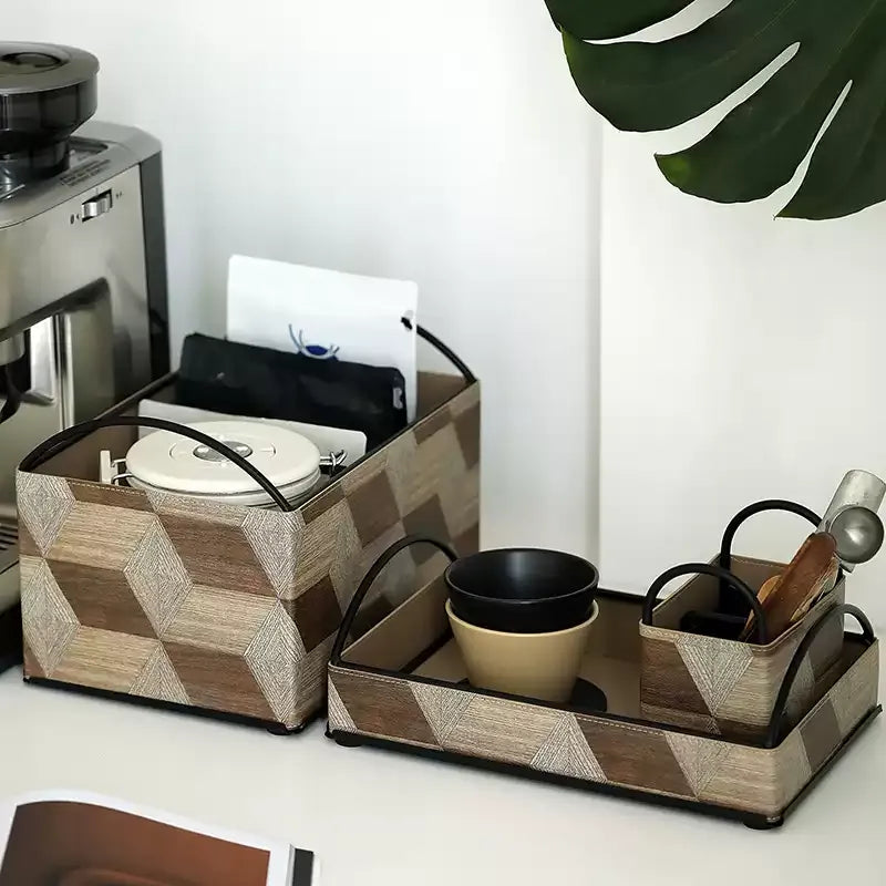Wood Style Leather Basket Set