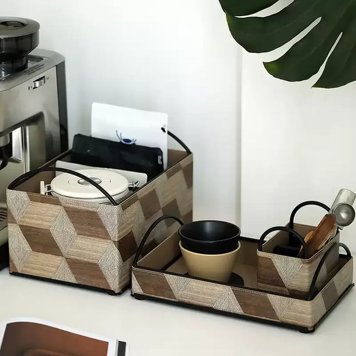 Wood Style Leather Basket Set