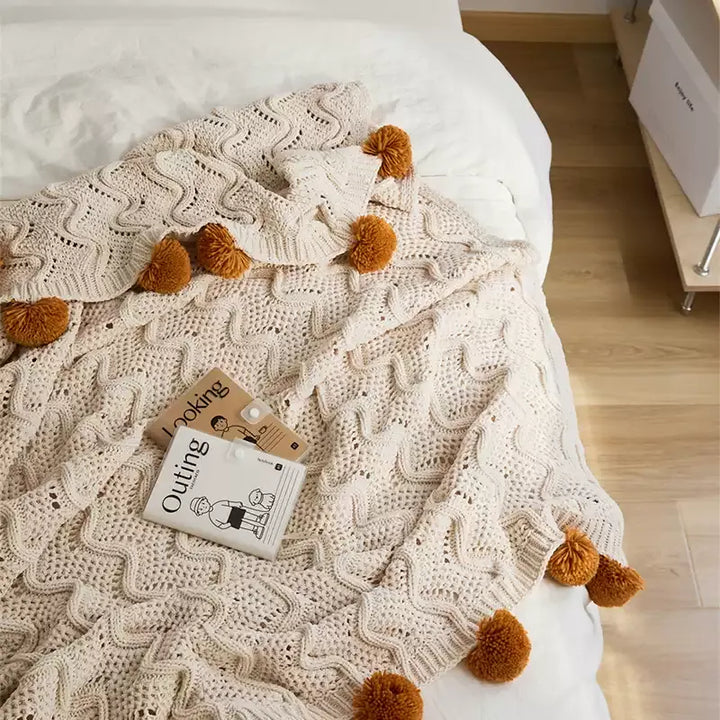 Chenille Stripe Pom Pom Blanket