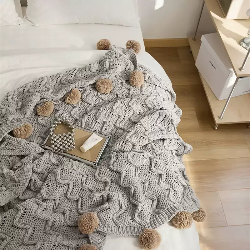 Chenille Stripe Pom Pom Blanket