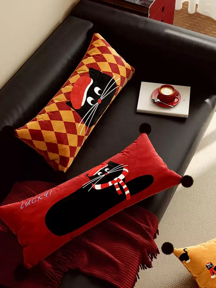 Red & Yellow Cat Pattern Lumbar Pillows