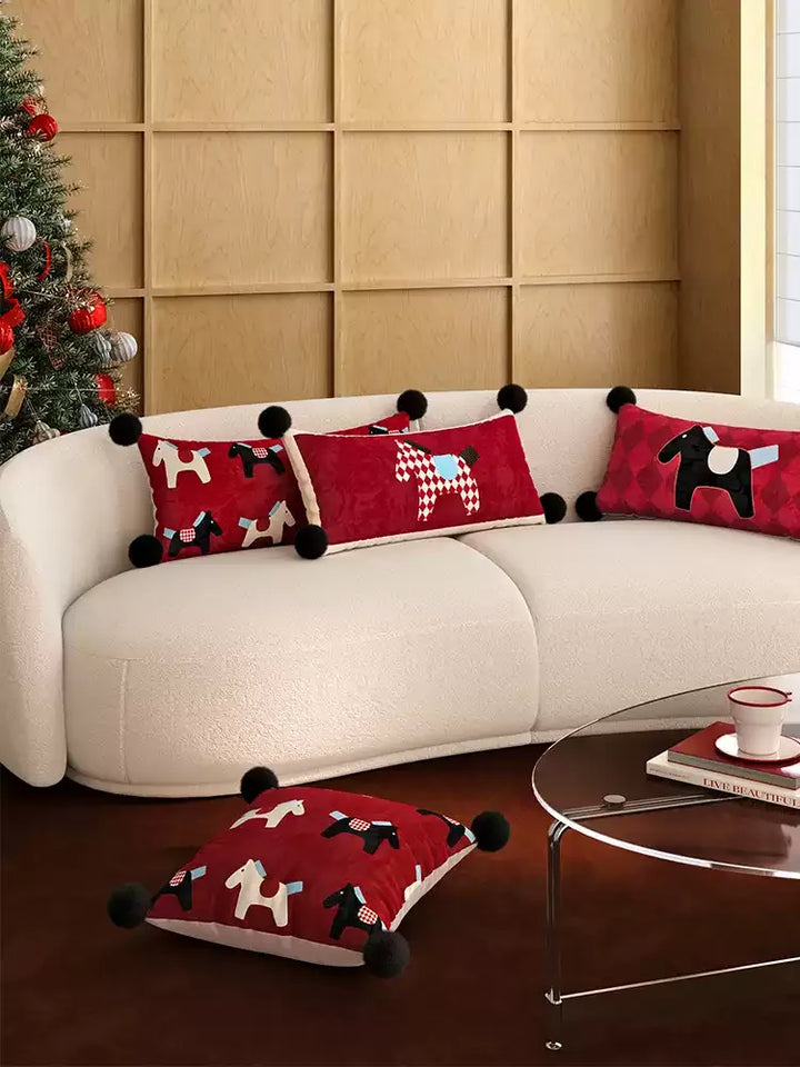 Red & White Horse Pattern Lumbar Pillow