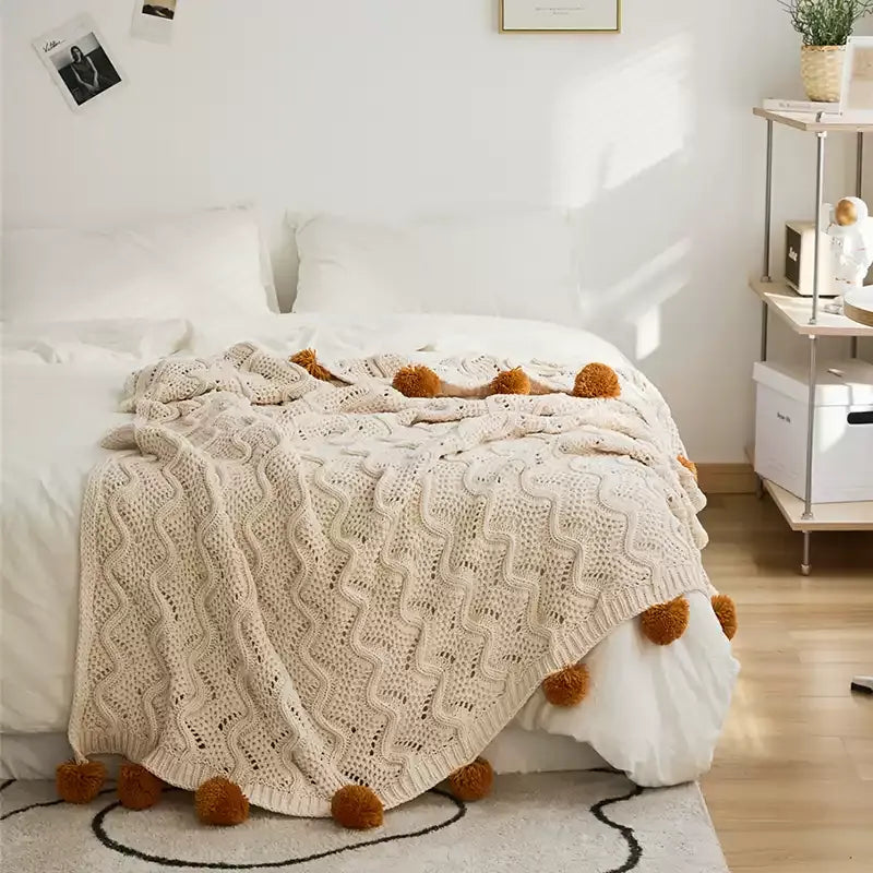 Chenille Stripe Pom Pom Blanket