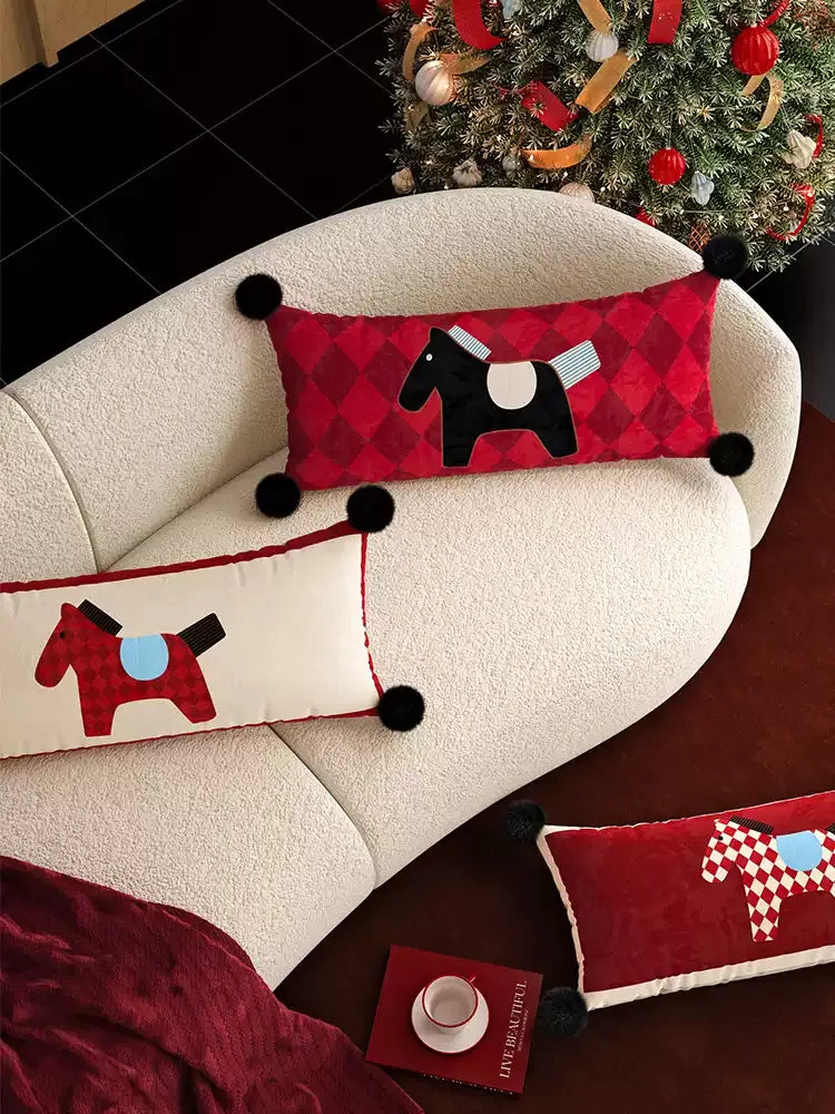 Red & White Horse Pattern Lumbar Pillow