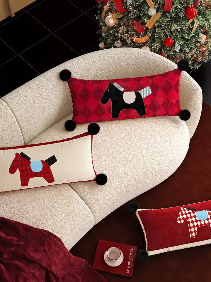 Red & White Horse Pattern Lumbar Pillow