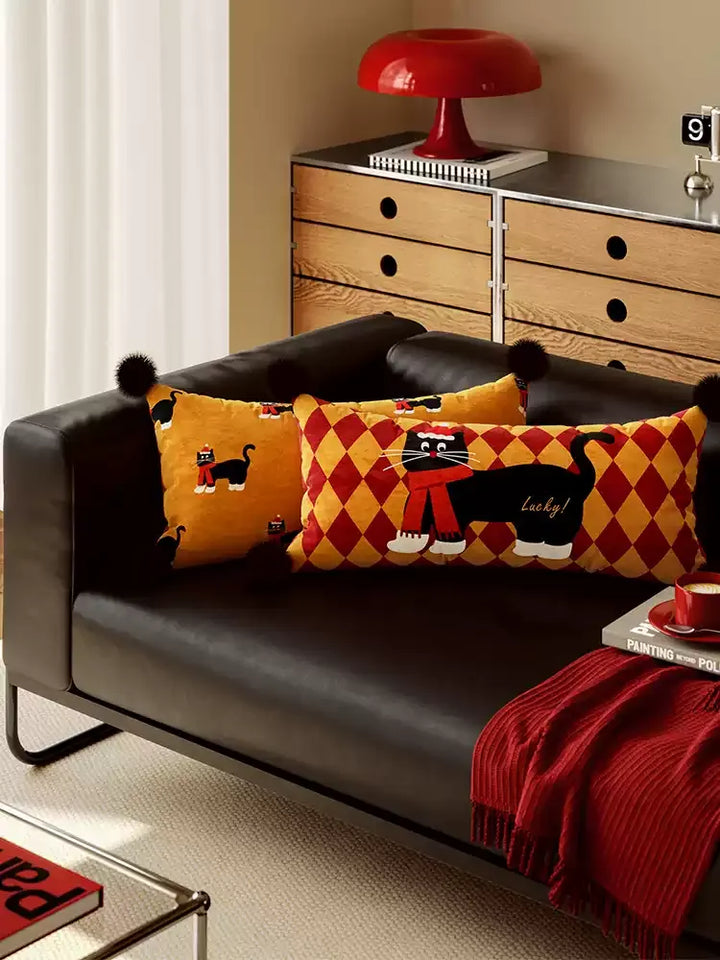 Red & Yellow Cat Pattern Lumbar Pillows