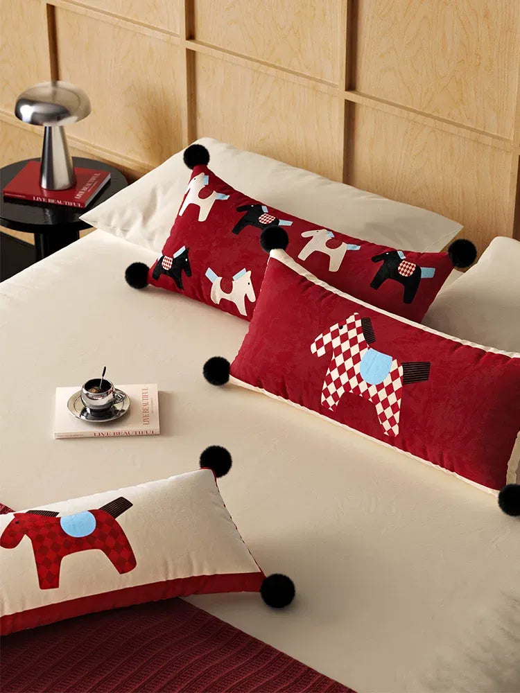 Red & White Horse Pattern Lumbar Pillow