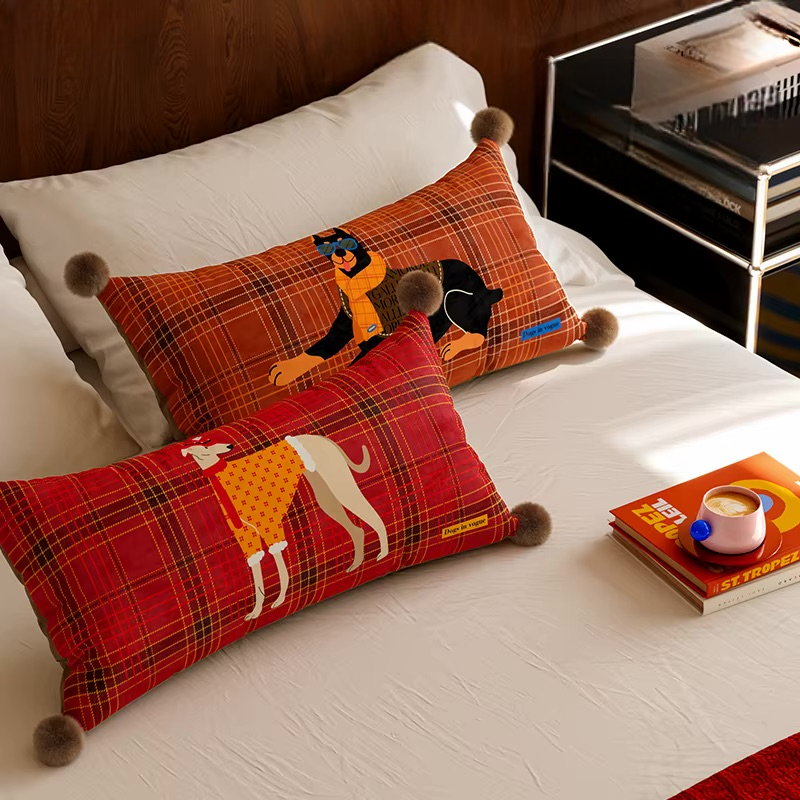 Rust and red plaid rectangular pillows with Doberman and greyhound prints