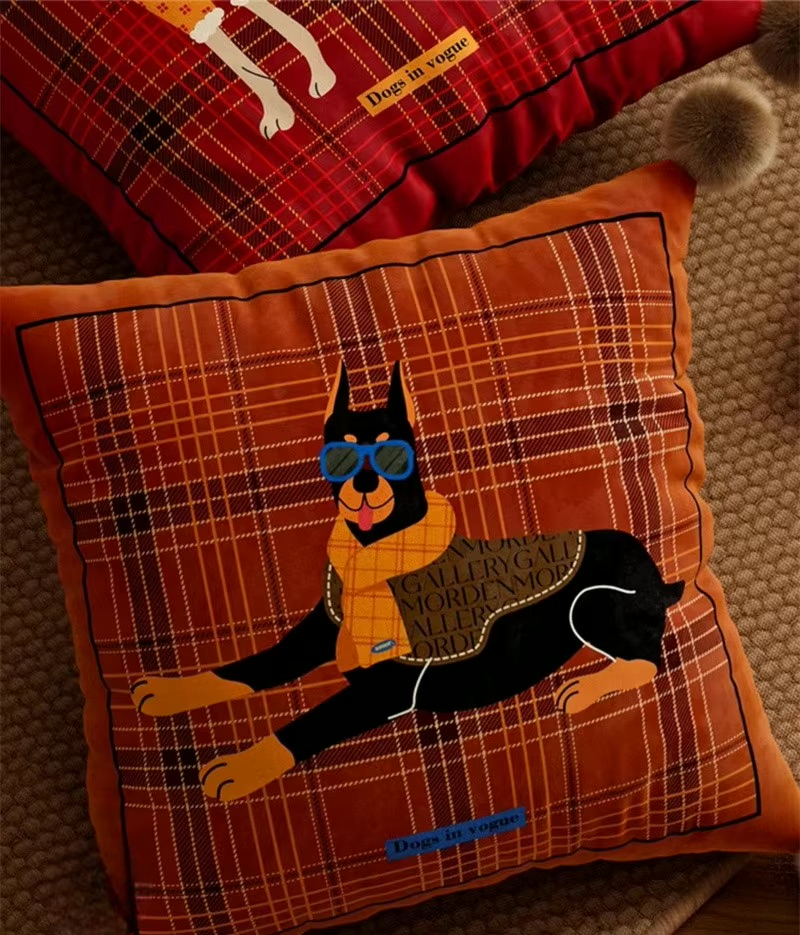 Brown plaid square dog pillow with a Doberman illustration and pom-pom corners
