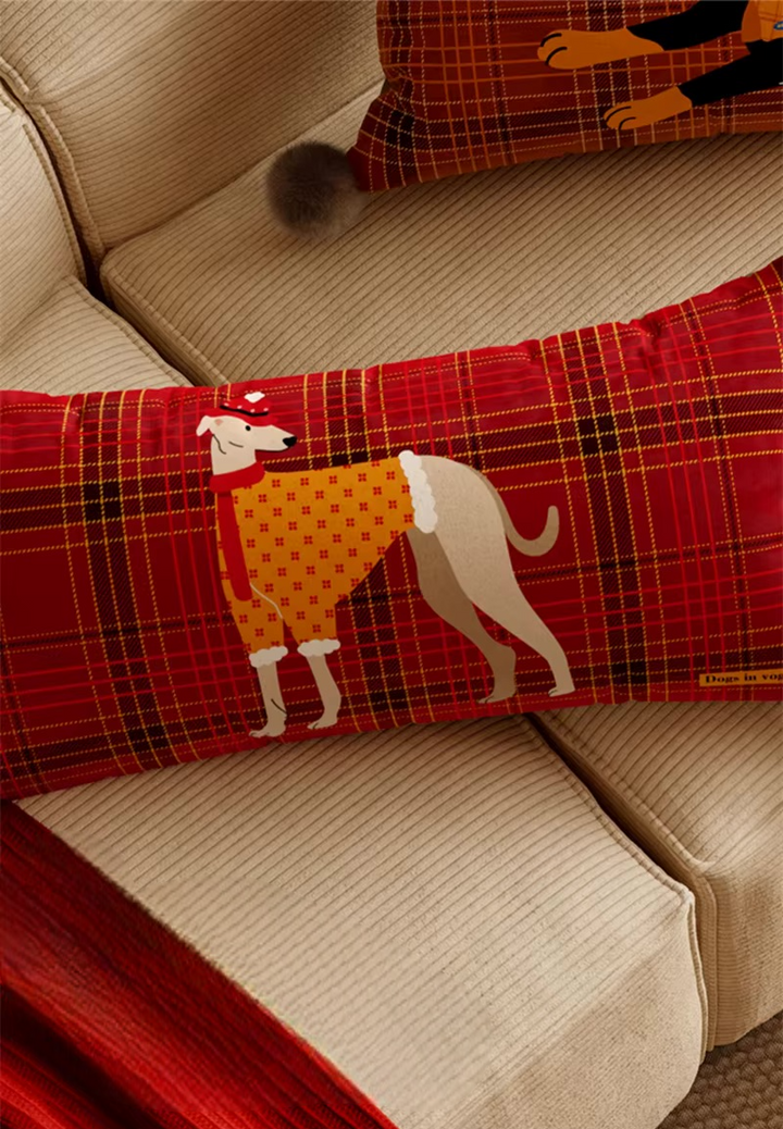 Red plaid lumbar dog pillow with a greyhound illustration